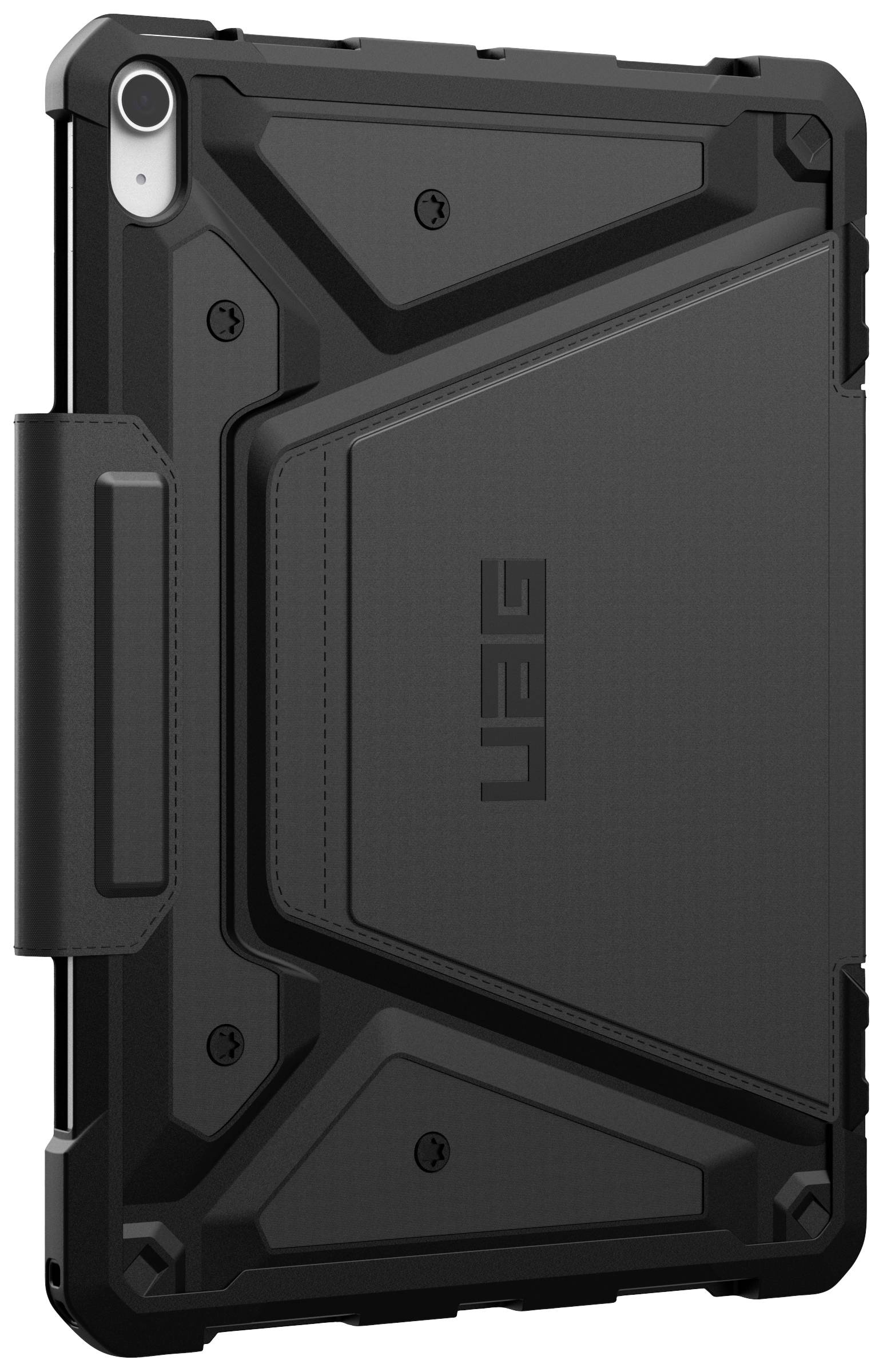 Schutzhülle für ein Tablet, schwarz mit markantem Design, UAG-Logo, robust gebaut für den Schutz vor Stößen und Stürzen.