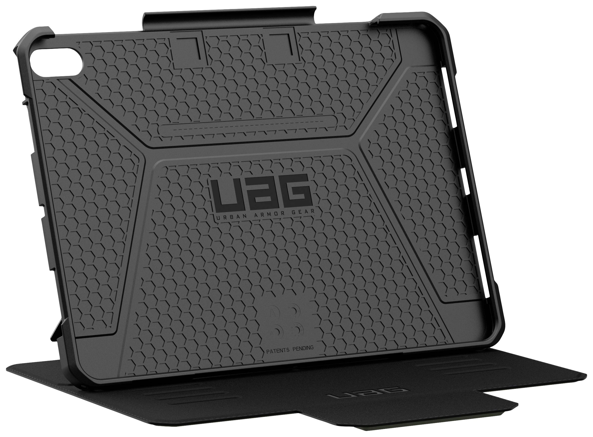 Eine schwarze, robuste Schutzhülle für Tablets mit strukturierter Rückseite und eingebautem Ständer, geeignet für den Alltagsgebrauch.