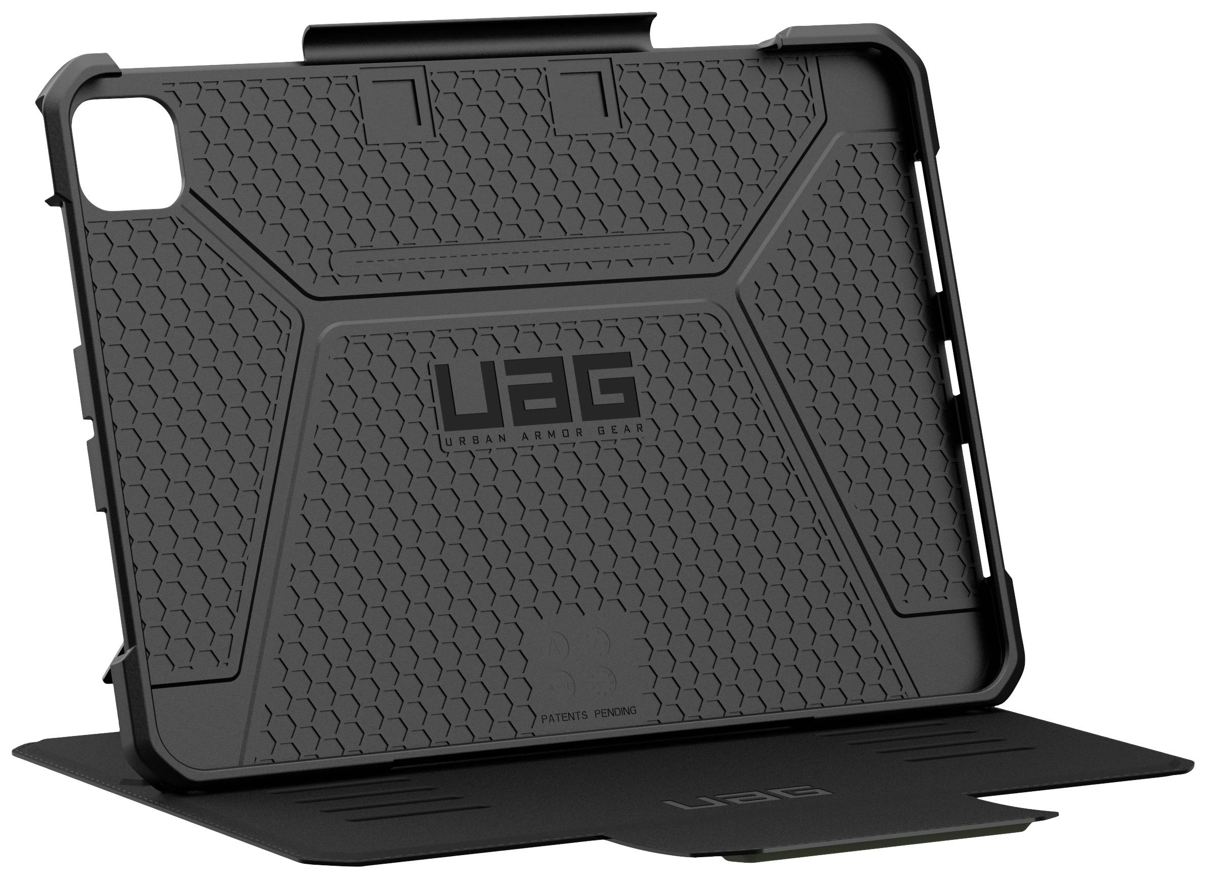 Eine schwarze, robuste Tablet-Hülle von UAG mit hexagonalem Muster und Standfunktion zum Schutz des Geräts.