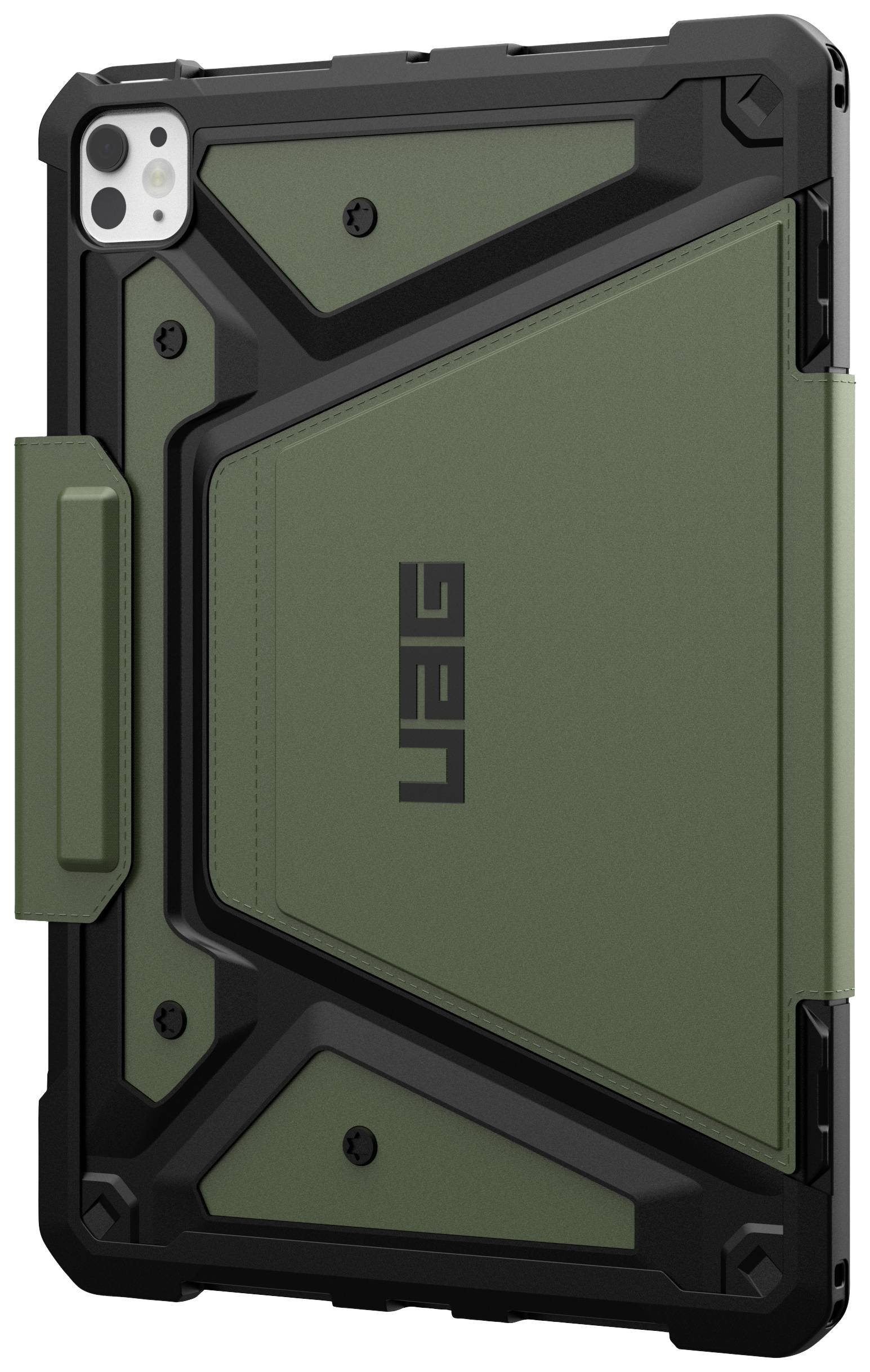 Rückansicht einer grünen und schwarzen iPad-Schutzhülle mit robustem Design und UAG-Logo in der Mitte.