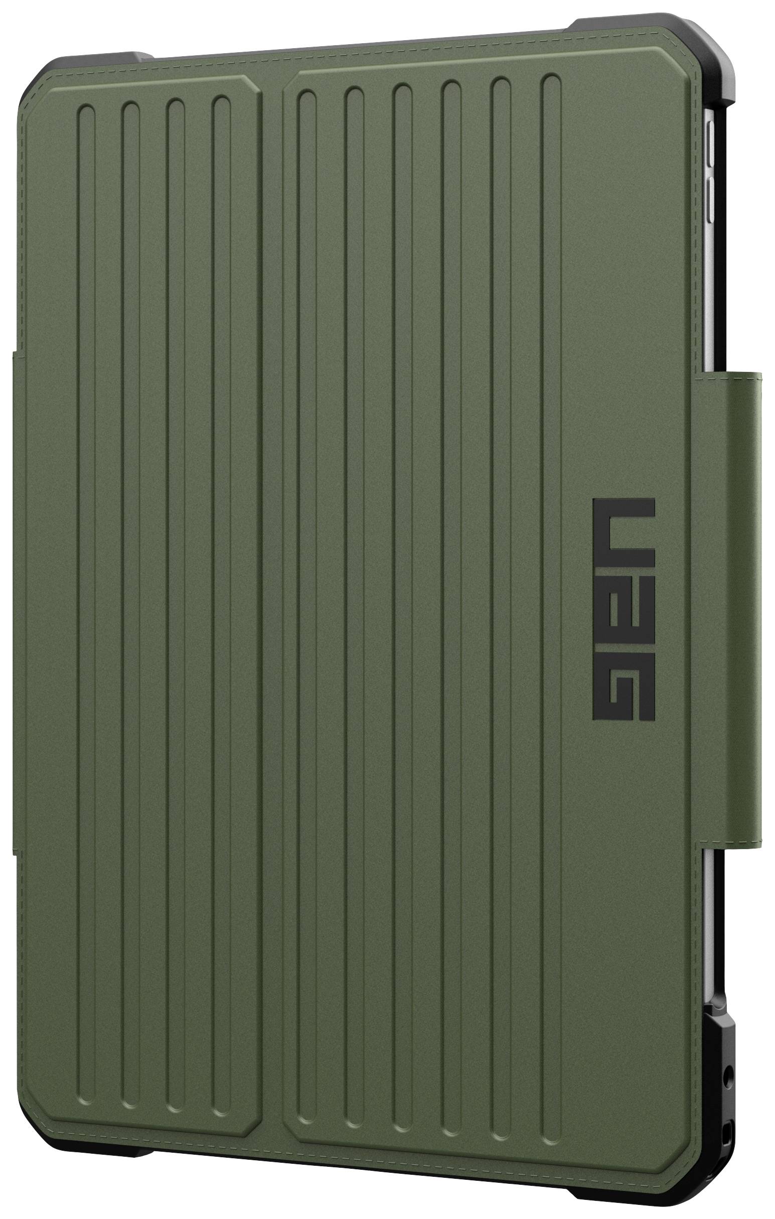 Grüne Tablet-Schutzhülle mit gerippter Oberfläche und schwarzem 'UAG'-Logo auf der Rückseite.