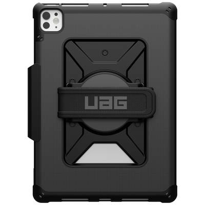 Robustes schwarzes iPad-Case mit integriertem Ständer und Halteriemen, bietet umfangreichen Schutz und Funktionalität für Tablets.