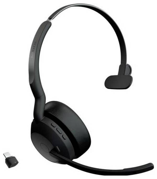 Jabra Evolve2 55 Link 380/390a MS Mono L  On Ear Headset Bluetooth® Mono Schwarz Noise Cancelling, Mikrofon-Rauschunterdrückung Headset, Mono Computer