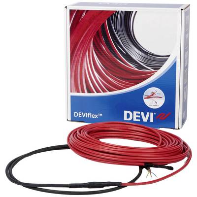 Eine rote Heizleitung und deren Verpackung. Auf der Schachtel steht 'DEVIflex'. Darstellung symbolisiert die Anwendung der Heizkabel.