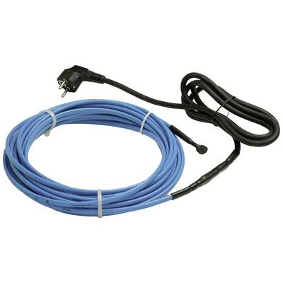 Ein blaues elektrisches Heizkabel mit Stecker und Thermostat, aufgerollt und bereit zum Gebrauch, zur Vermeidung von Frost.