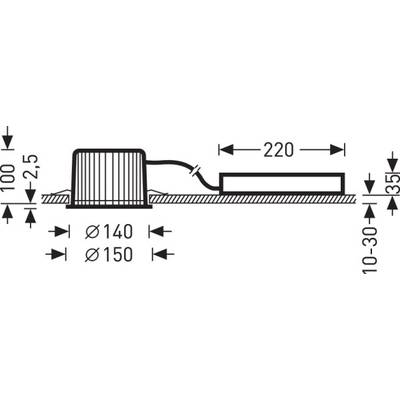 Diagramm eines Lüfters mit Abmessungen: Durchmesser 140-150 mm, Gesamthöhe 100 mm, Leistungseinheit 220 mm, Einbautiefe 30-35 mm.