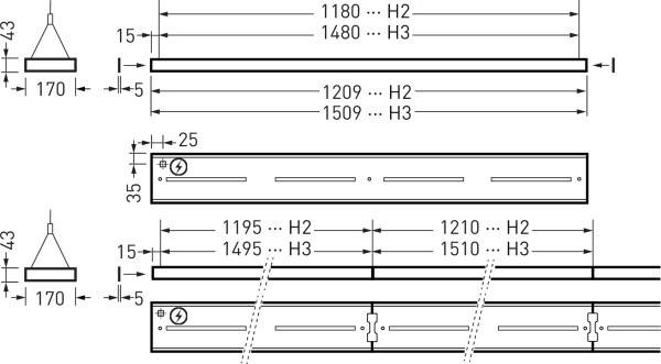 Technische Zeichnung von Leuchten mit Maßeinheiten. Seitenansicht zeigt Höhe des Pendels, obere Ansicht zeigt Längen der Leuchten.