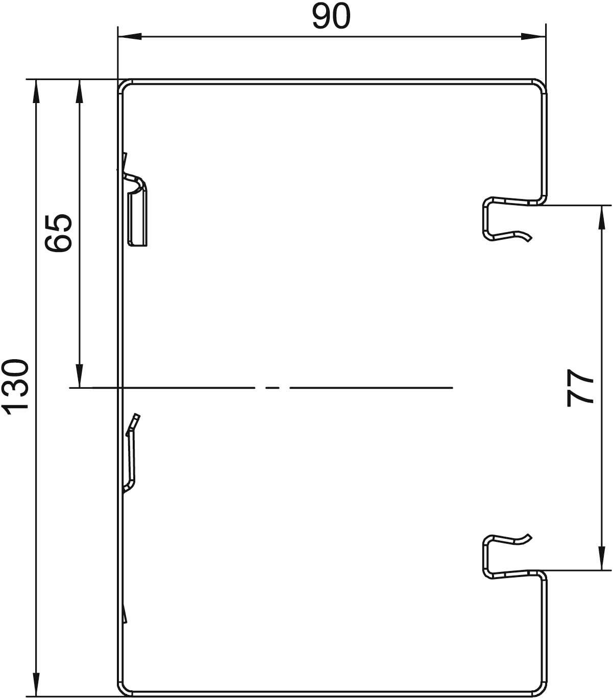 Technische Zeichnung eines rechteckigen Teils mit Maßen: 130 mm hoch, 90 mm breit. Enthält spezifische Verbindungs- und Befestigungselemente.