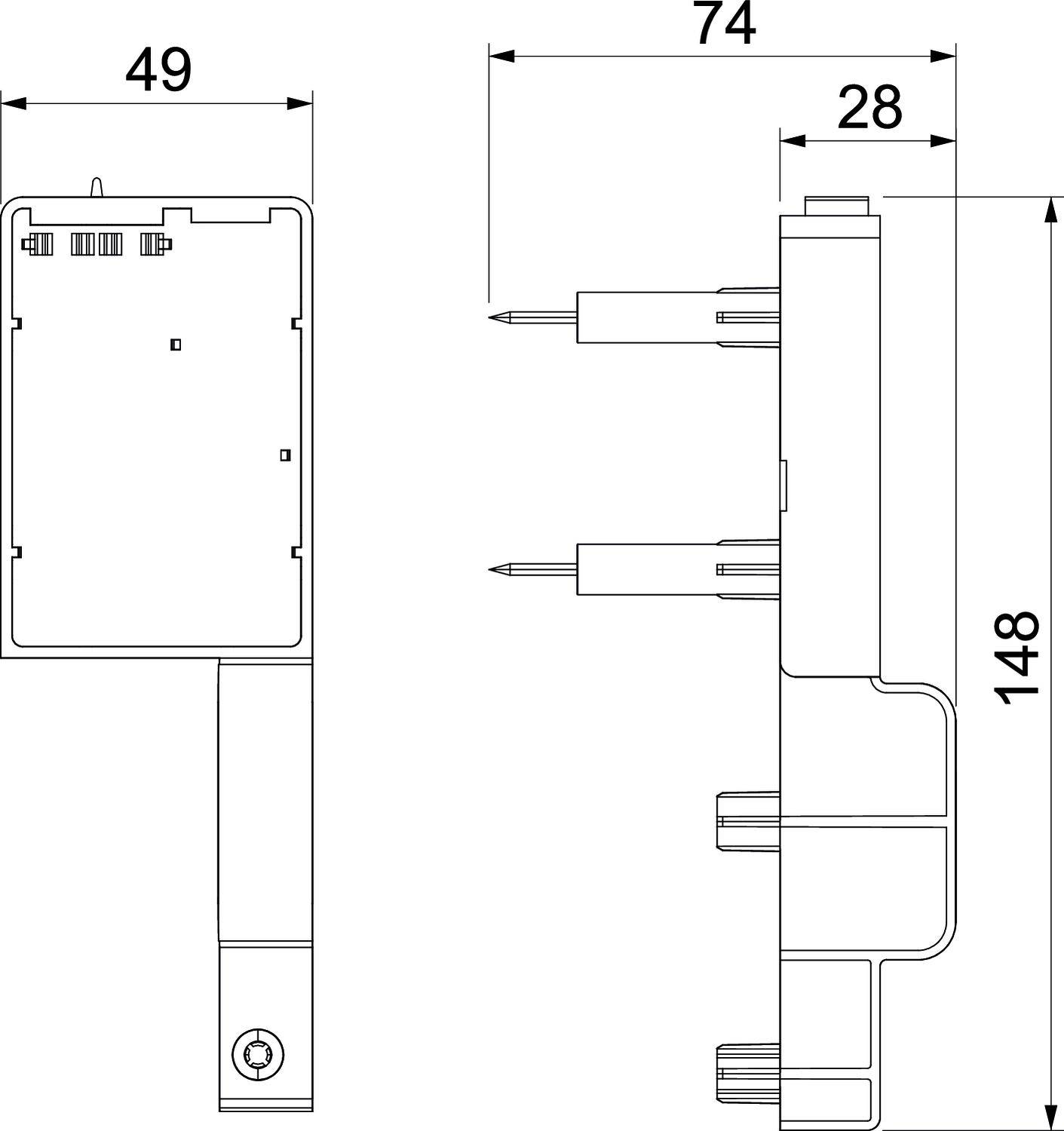 'Technische Zeichnung eines rechteckigen Geräts mit Maßen 49x148 mm und 74x28 mm für Tiefenansicht. Enthält Steckeransichten.'
