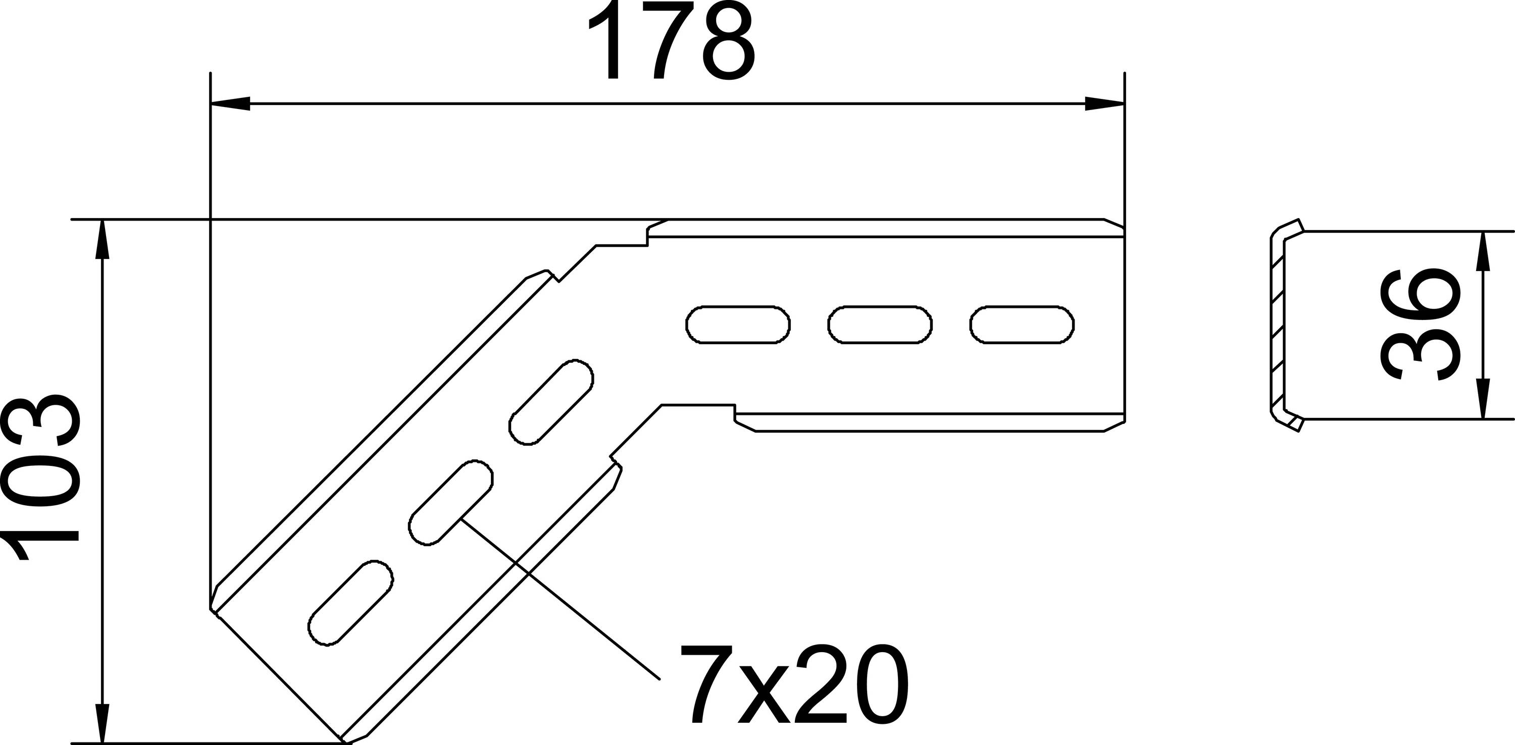 Technische Zeichnung eines Metallwinkels mit Abmessungen: Länge 178 mm, Höhe 103 mm, Breite 36 mm, und Lochgröße 7x20 mm.