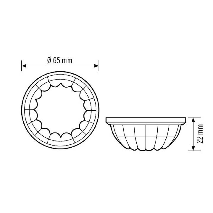 Technische Zeichnung eines runden Behälters mit 65 mm Durchmesser und 22 mm Höhe, seitliche und obere Ansicht.