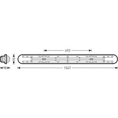 Technische Zeichnung einer länglichen Lampe mit Maßen: Länge 1047 mm, Gehäusebreite 96 mm, Endkappenbreite 98 mm.