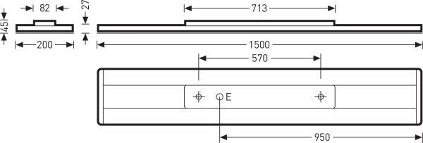 Technische Zeichnung einer rechteckigen Deckenleuchte mit Abmessungen: 950 mm Breite, 200 mm Tiefe, 45 mm Höhe. Verteilte Befestigungspunkte und zentrale Anschlussstelle 'E'.