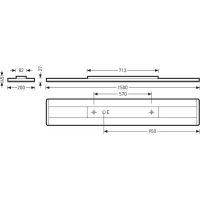 Technische Zeichnung einer rechteckigen Deckenleuchte mit Abmessungen: 950 mm Breite, 200 mm Tiefe, 45 mm Höhe. Verteilte Befestigungspunkte und zentrale Anschlussstelle 'E'.