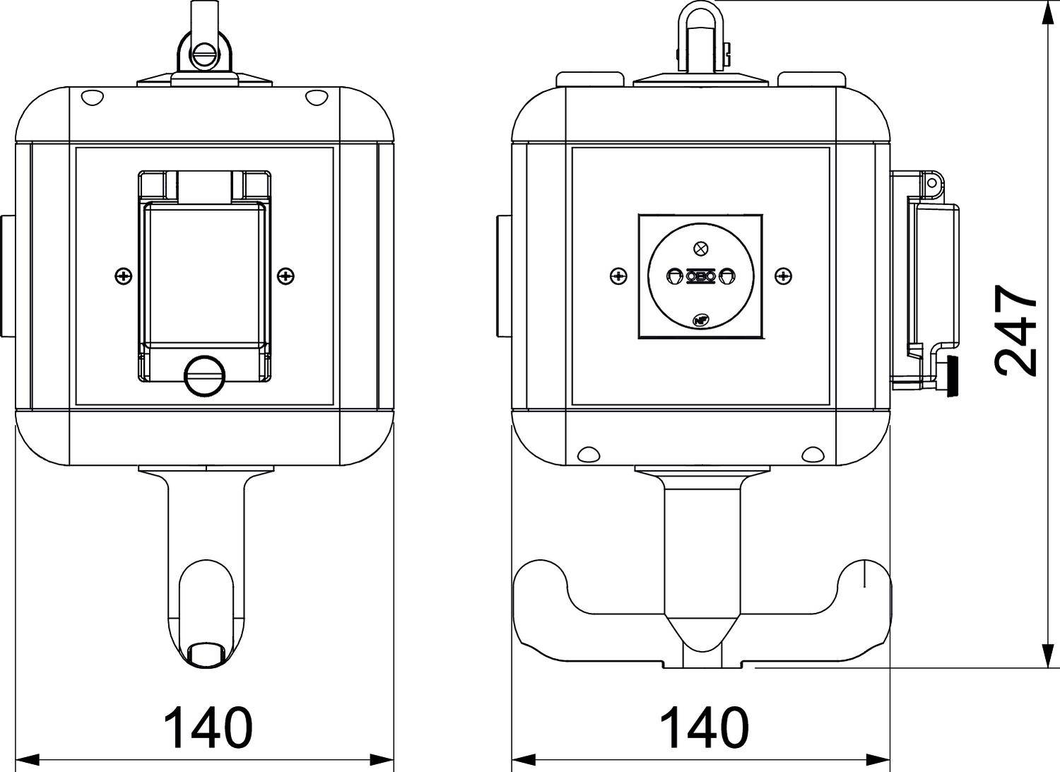 Technische Zeichnung eines Geräts mit Maßen: 140 mm Breite und 247 mm Höhe. Vorder- und Seitenansicht zeigen Anschlüsse und Halterungen.