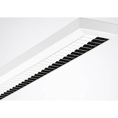 Weiße, längliche Deckenleuchte mit modernen, horizontalen Lamellen, montiert an einer glatten, weißen Decke.