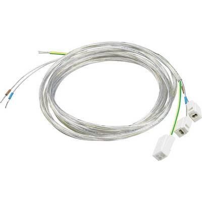 Ein langes, gewundenes Stromkabel mit mehreren Litzen und einem weißen Stecker am Ende, geeignet für elektrische Verbindungen.
