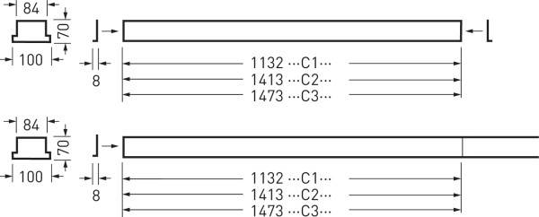Technische Zeichnung von zwei Balken in Seitenansicht, Maße 100, 84 und 70 angegeben. Zusätzliche Maße: 1132, 1413, 1473 für Positionen C1, C2, C3.