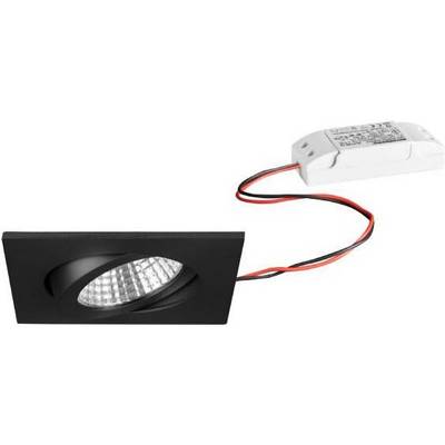 Rechteckiger, schwarzer LED-Einbaustrahler mit angeschlossenem Kabel. Der Strahler hat eine Glasabdeckung und reflektierende Textur.
