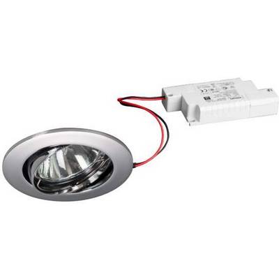 Ein glänzender LED-Einbaustrahler mit angeschlossenen roten und schwarzen Drähten, verbunden mit einem weißen elektrischen Konverter.