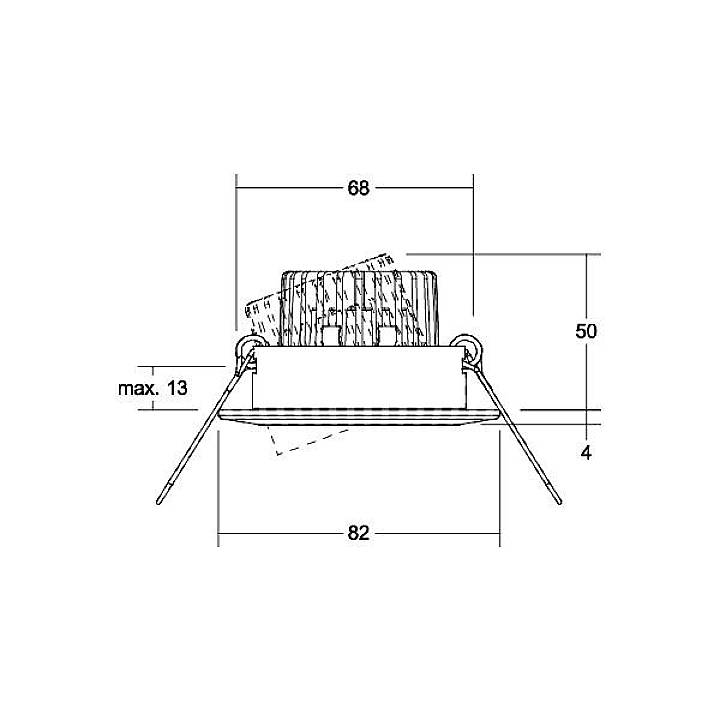 Technische Zeichnung eines Deckenstrahlers mit Einbaumaßen: Durchmesser 82 mm, Höhe 50 mm, Einbautiefe max. 13 mm.