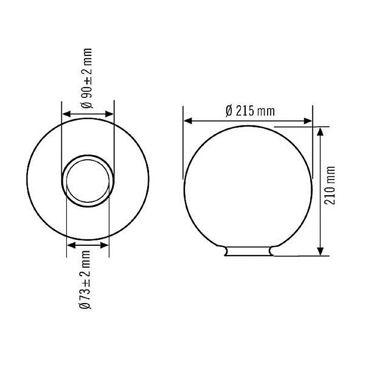 Zeichnung einer kugelförmigen Lampe mit Maßen: Durchmesser 215 mm, Höhe 210 mm. Innenring-Durchmesser 90 mm ± 2 mm, Sockel 73 mm ± 2 mm.