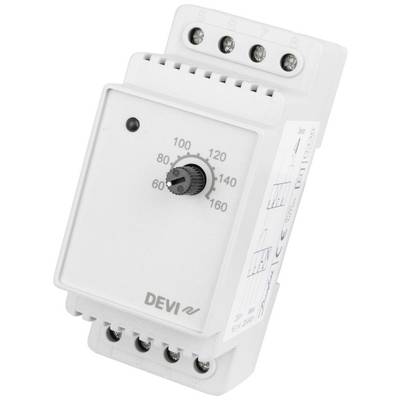 Ein weißer elektrischer Thermostat mit einem schwarzen Drehregler auf der Vorderseite, nummerierten Anschlüssen und der Aufschrift 'DEVI'.