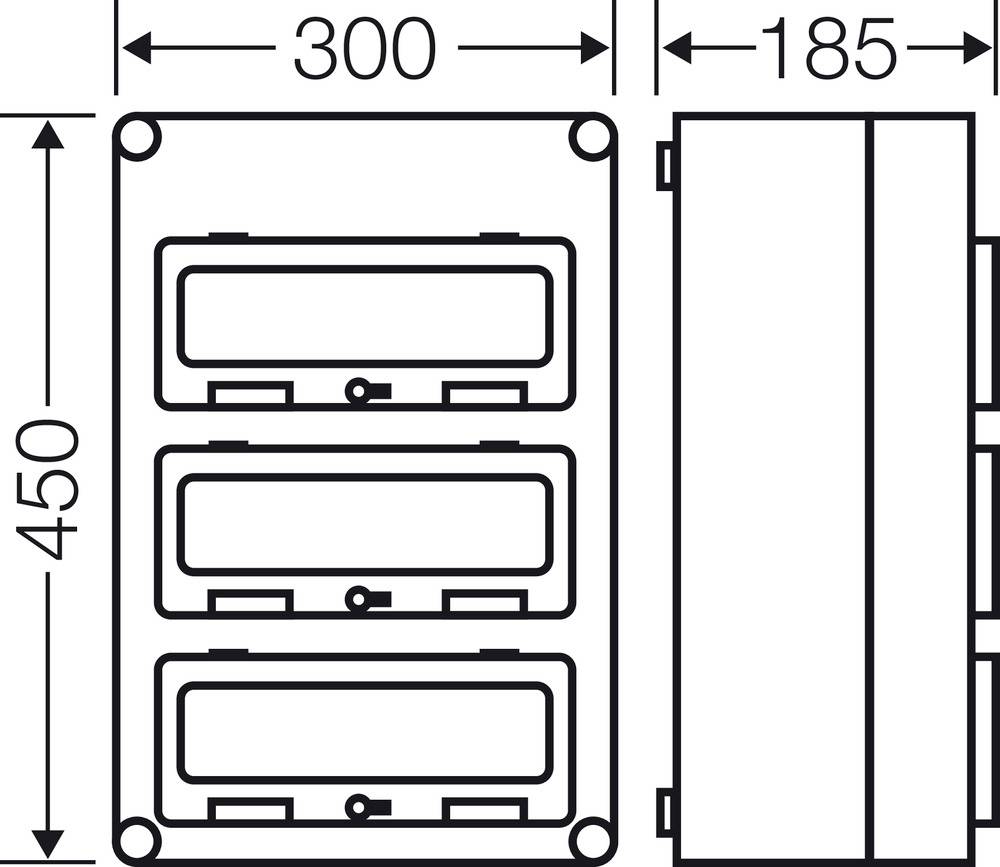 Technische Zeichnung zeigt eine rechteckige Gehäusebox von 300 mm Breite, 450 mm Höhe und 185 mm Tiefe mit drei Montageschächten.
