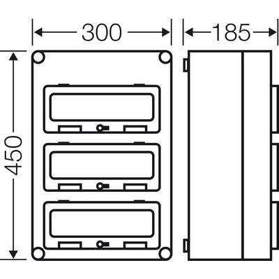 Technische Zeichnung zeigt eine rechteckige Gehäusebox von 300 mm Breite, 450 mm Höhe und 185 mm Tiefe mit drei Montageschächten.