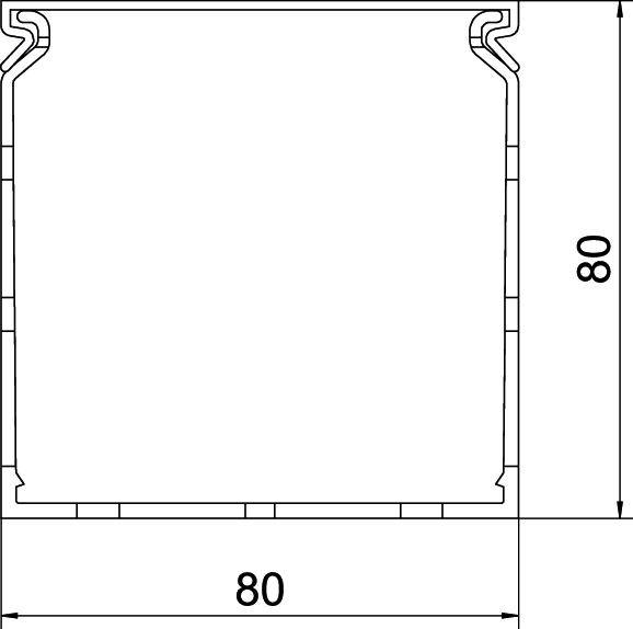 Technische Zeichnung eines quadratischen Rahmens mit den Maßen 80x80 mm, Seiten und Ecken detailliert dargestellt.