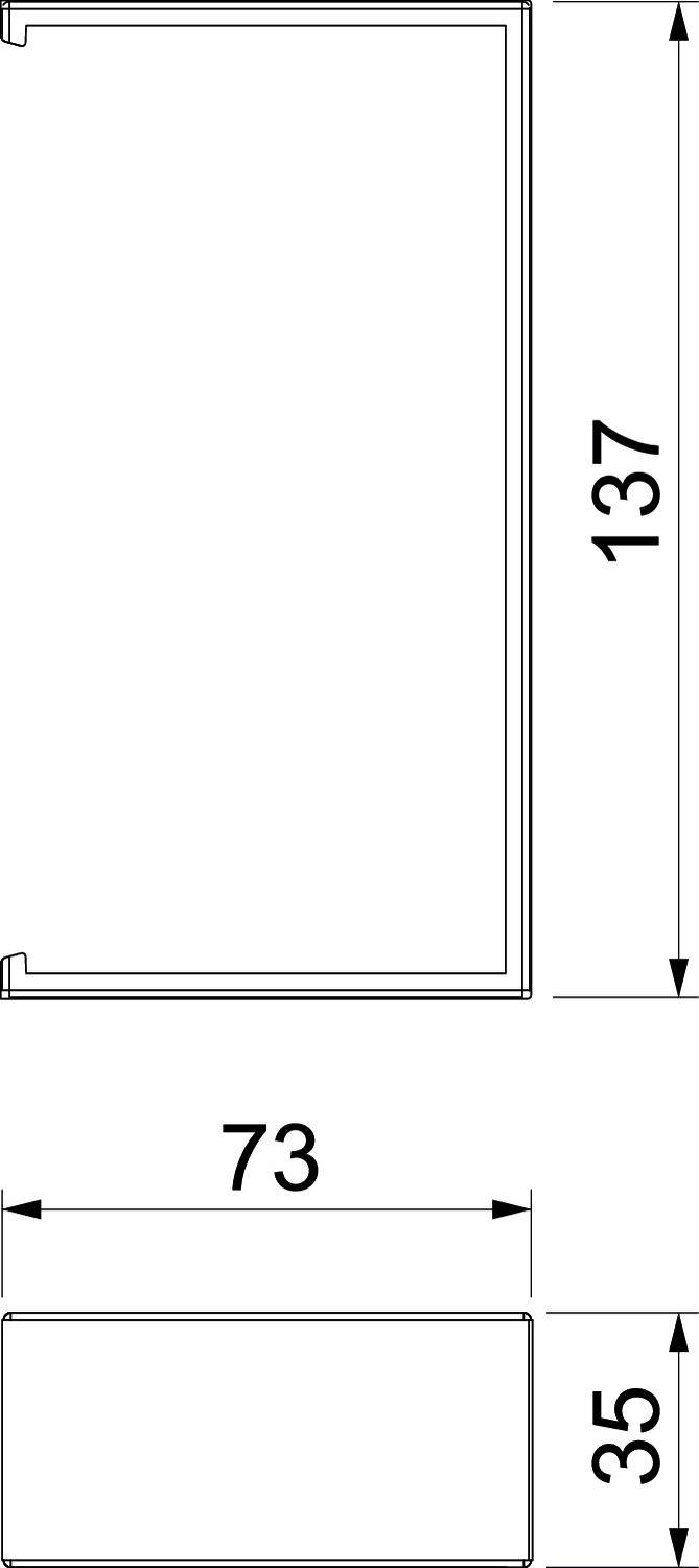 'Zeichnung von rechteckigem Objekt mit Maßen 137 x 73 x 35. Seitenansicht und Oberansicht gezeigt.'
