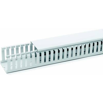 Ein weißer Kabelkanal mit abnehmbarer Abdeckung und seitlichen Schlitzen zur Kabelorganisation. Ideal für saubere Elektroinstallationen.