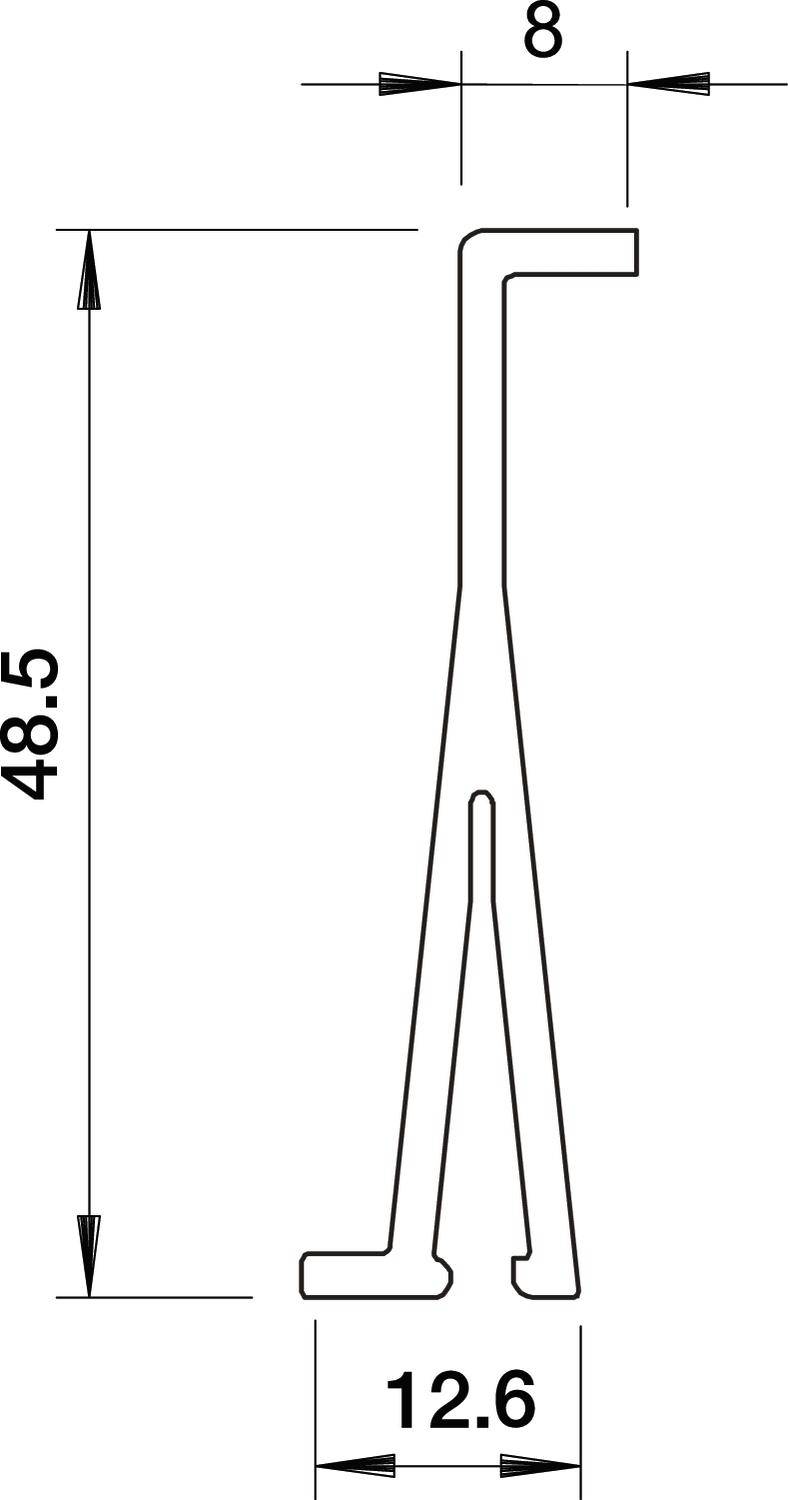Technische Zeichnung eines Metallprofils mit Gesamtbreite von 12,6 mm und Höhe von 48,5 mm. Oben rechts ist ein abgewinkelter Teil.