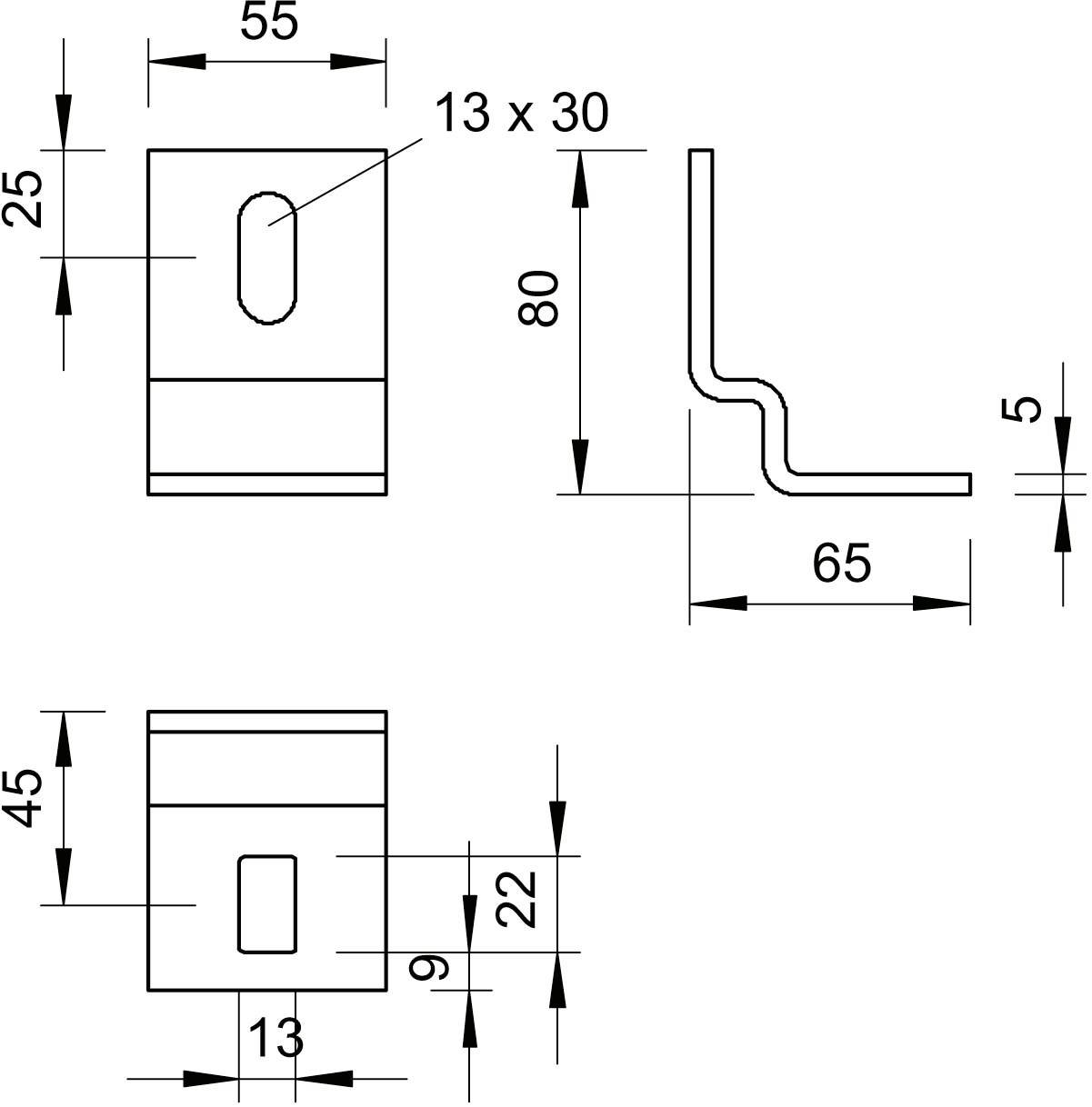 Technische Zeichnung eines Bauteils mit Maßen: Höhe 80 mm, Breite 55 mm, verschiedene Details und Biegungen in der Seitenansicht.