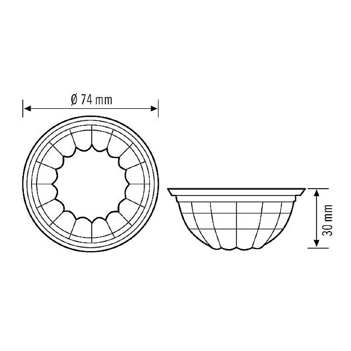 Ein technisches Diagramm zeigt Maße einer runden Form: Durchmesser 74 mm, Höhe 30 mm. Links Draufsicht, rechts Seitenansicht.