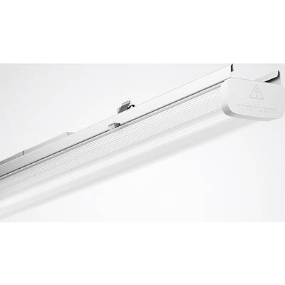 Weiße LED-Leuchte mit rechteckigem Gehäuse und einem dezenten Firmenlogo auf der rechten Seite. Geeignet für Deckenmontage.