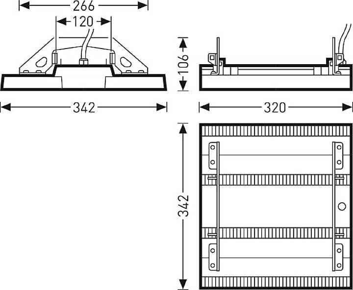 Technische Zeichnung einer rechteckigen Halterung mit Abmessungen: 342 mm Breite, 320 mm Länge, 106 mm Höhe; Kabelzugang oben.