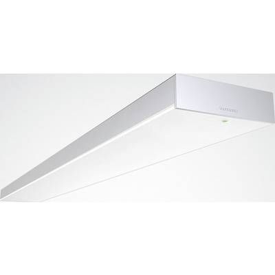 Längliche, moderne silberne Lampe an der Decke, mit einem kleinen grünen Licht an der Unterseite.