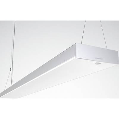 Weiße, moderne Hängelampe mit rechteckigem Design, von zwei Seilen an der Decke befestigt.