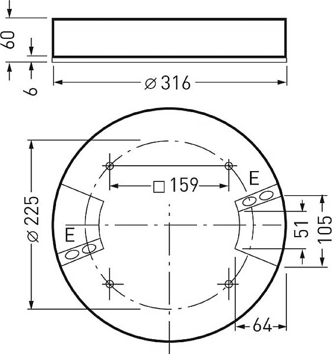 Konstruktionszeichnung eines zylindrischen Teils mit einem Durchmesser von 316 mm und einer Höhe von 60 mm, mit Bohrungen und Maßen.