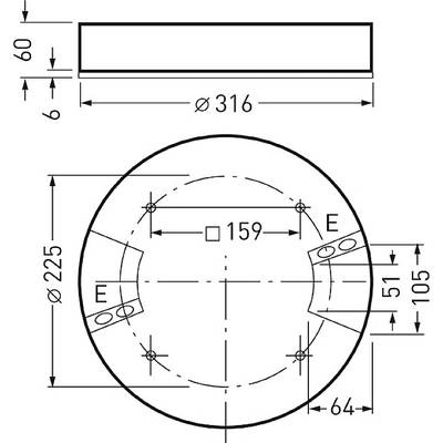 Konstruktionszeichnung eines zylindrischen Teils mit einem Durchmesser von 316 mm und einer Höhe von 60 mm, mit Bohrungen und Maßen.
