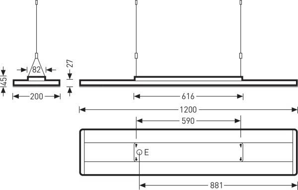 Technische Zeichnung einer Deckenleuchte mit Abmessungen: 1200 mm Länge, 200 mm Breite, 45 mm Höhe. Details: Montagepunkte, Kabelaufhängung.