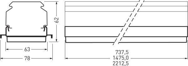 Technische Zeichnung eines Bauteils mit seitlicher und frontalem Querschnitt. Maße: Höhe 62, Breite 63, 78, Länge 737,5 bis 2212,5 mm.