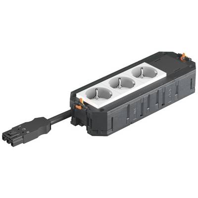 Dreifachsteckdose in einem schwarzen Gehäuse mit orangen Clips und einem angeschlossenen Kabel an der linken Seite.