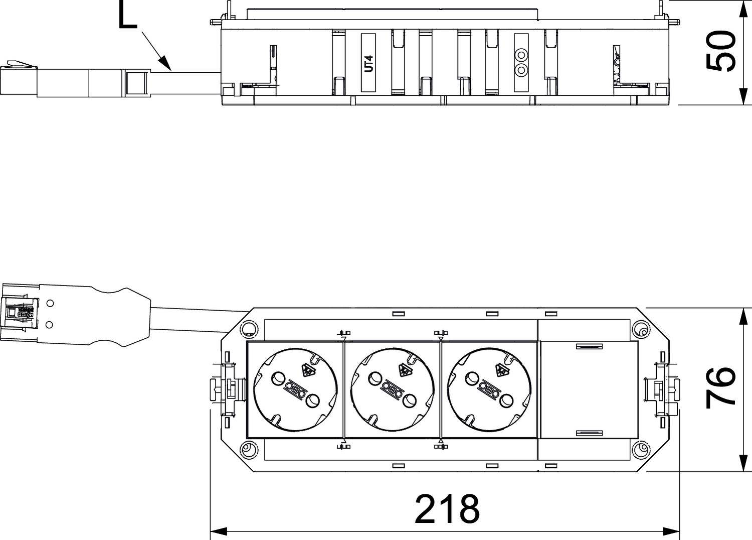 Technische Zeichnung einer Steckdosenleiste mit drei Steckdosen und Maßen: Länge 218 mm, Breite 76 mm, Höhe 50 mm.