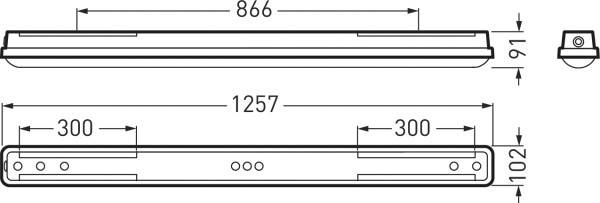 Technische Zeichnung einer rechteckigen Komponente mit Abmessungen: Breite 1257 mm, Länge 866 mm, Höhe 102 mm.