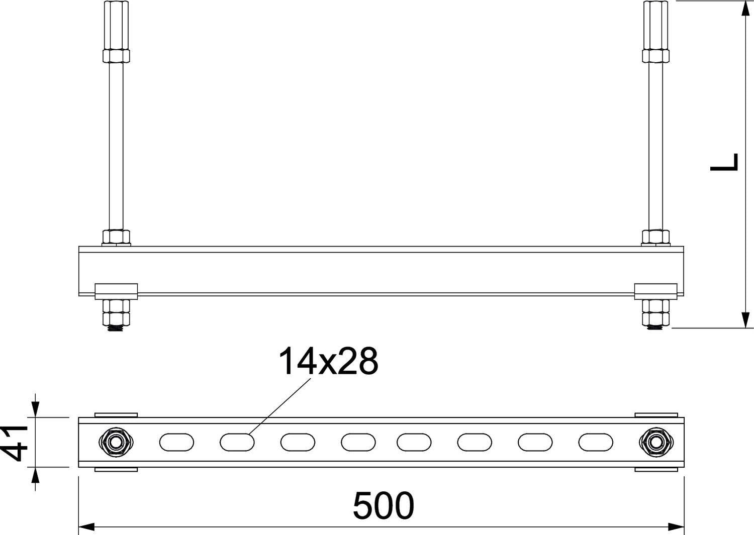 Technische Zeichnung einer Metallstrebe, Maße 500 mm Länge, 41 mm Höhe, Lochmuster 14x28 mm.