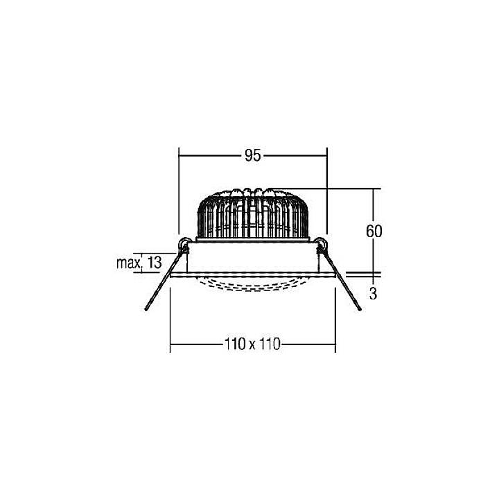 Technische Zeichnung einer runden Lampe mit Montagehalterungen. Maße: Breite 110 mm, Höhe 60 mm, Einbautiefe max. 13 mm.