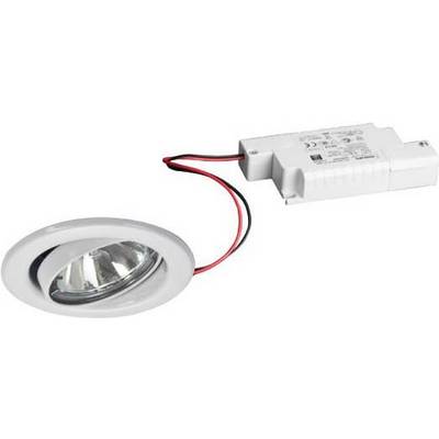 Ein LED-Spotlicht mit runder Abdeckung und zwei Kabeln ist an einen rechteckigen elektrischen Transformator angeschlossen.