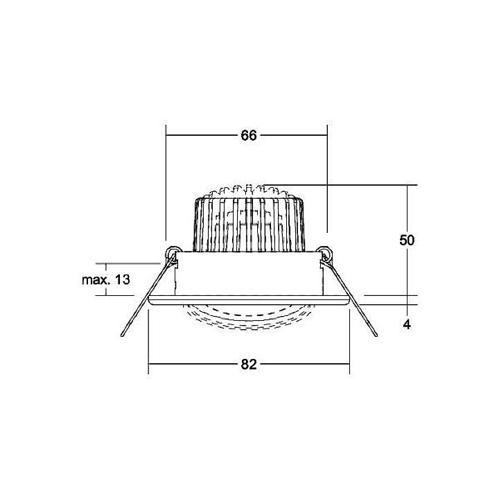 Technische Zeichnung eines Einbaustrahlers mit Maßen: Durchmesser 66 mm, Höhe 50 mm, maximale Einbautiefe 13 mm, Gesamtdurchmesser 82 mm.